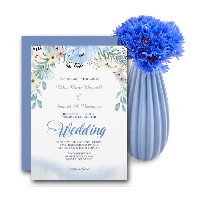 Watercolor Blue Floral Wedding Invitation (Creator Uploaded)