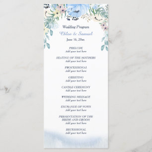 Watercolor Blue Floral Wedding Program Programme