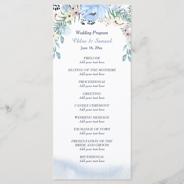 Watercolor Blue Floral Wedding Program Programme (Front)