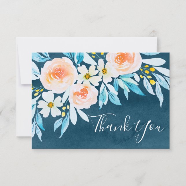 Watercolor Blue Floral Wedding Thank You  Card (Front)