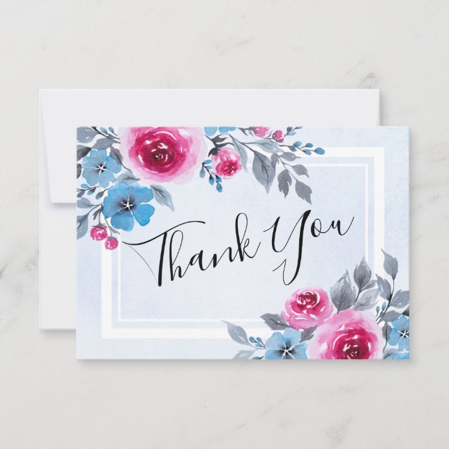 Watercolor Blue Floral Wedding Thank You Card (Front)