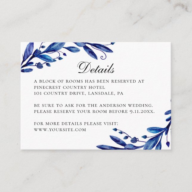 Watercolor blue floral winter wedding details enclosure card (Front)