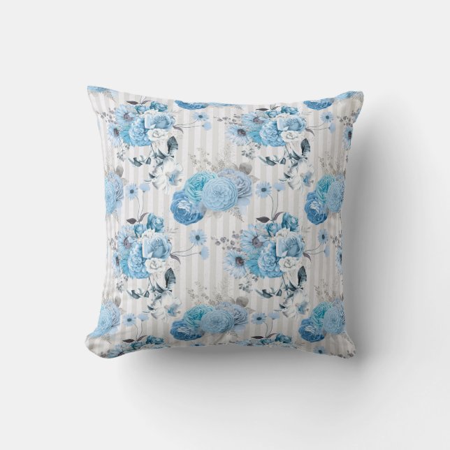Watercolor Blue Floral with Pale Grey Stripes Cushion (Front)