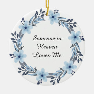 Watercolor Blue Floral Wreath Memorial Keepsake Ceramic Tree Decoration