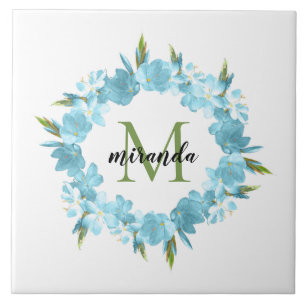 Watercolor Blue Floral Wreath Name Monogram Tile