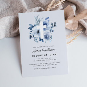 watercolor blue florals Baptism invitation