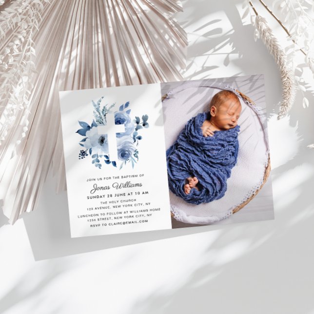 watercolor blue florals Baptism photo invitation (Creator Uploaded)