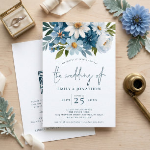 Watercolor Blue Florals QR Code Wedding Invitation