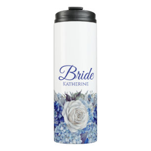 Watercolor Blue Flower Bouquet-Bride- Thermal Tumbler