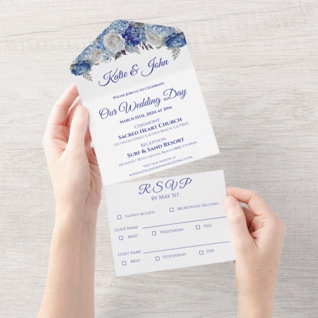 Watercolor Blue Flower Bouquet-Wedding- All In One Invitation (Tearaway)