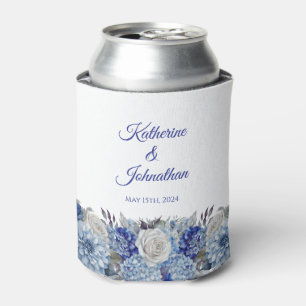 Watercolor Blue Flower Bouquet-Wedding- Can Cooler