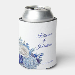 Watercolor Blue Flower Bouquet-Wedding- Can Cooler