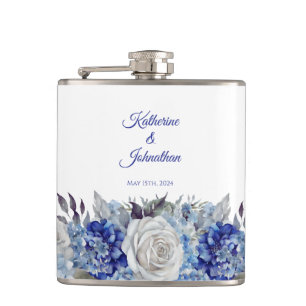 Watercolor Blue Flower Bouquet-Wedding- Hip Flask
