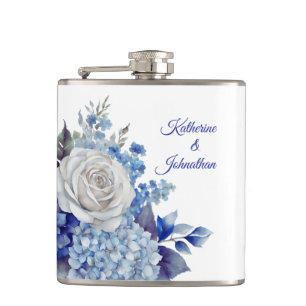 Watercolor Blue Flower Bouquet-Wedding- Hip Flask