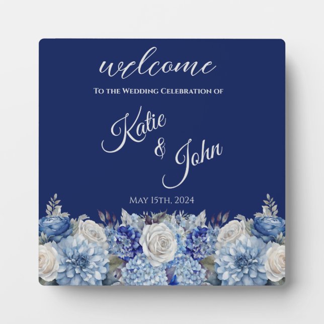 Watercolor Blue Flower Bouquet-Wedding- Plaque (Front)