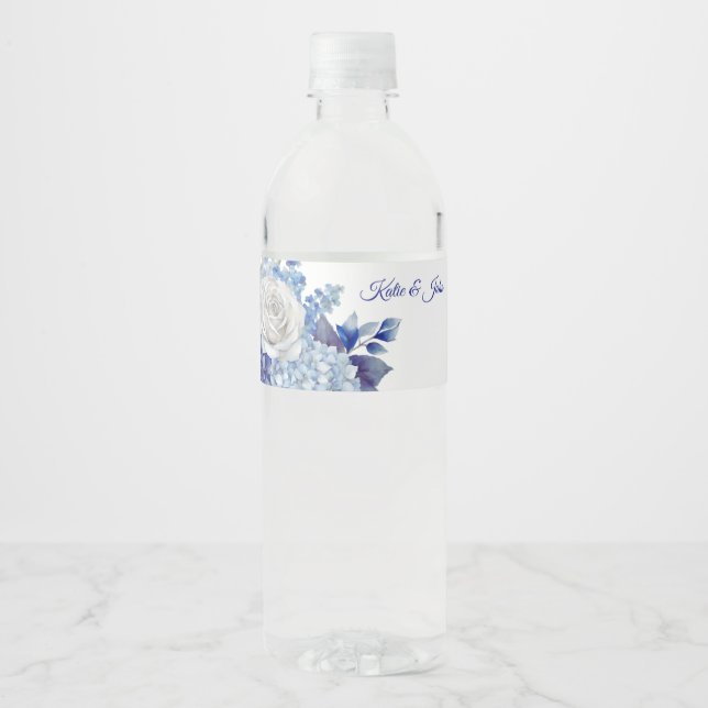Watercolor Blue Flower Bouquet-Wedding- Water Bottle Label (Front)