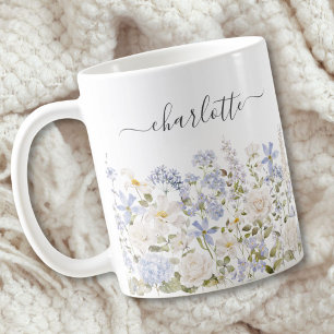 Watercolor Blue Flower Floral Botanical Monogram Coffee Mug