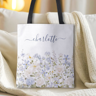 Watercolor Blue Flower Floral Elegant Monogram Tote Bag