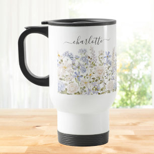 Watercolor Blue Flower Floral Elegant Monogram Travel Mug
