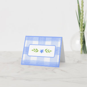 Watercolor Blue Flower Green Leaves Blue Check Card