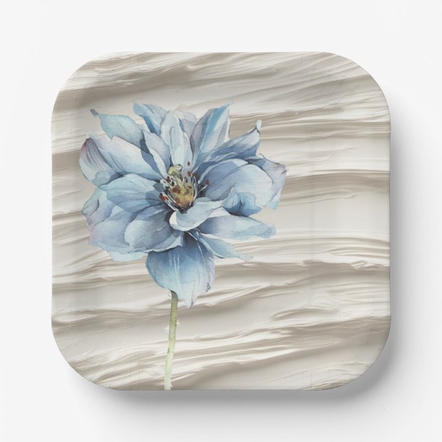 Watercolor Blue Flower On Ivory Abstract Paper Plate (Front)