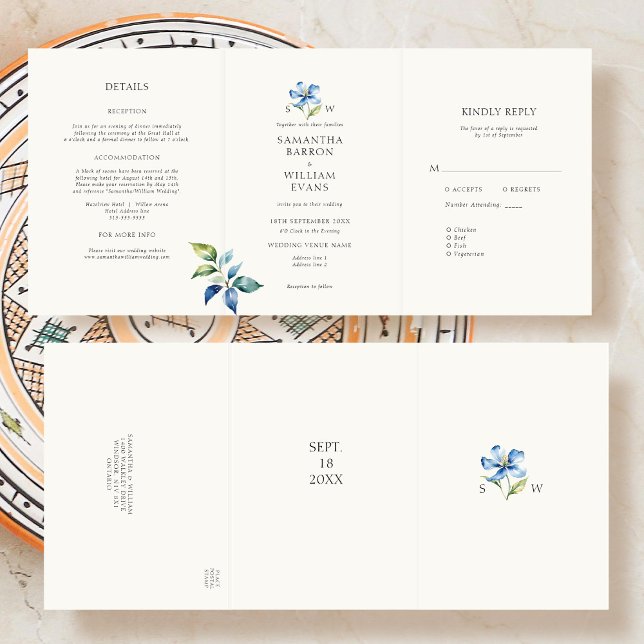 Watercolor Blue flower Wedding Tri-Fold Invitation (Creator Uploaded)