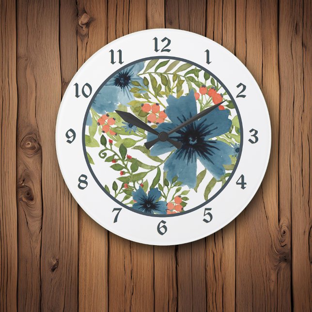 Watercolor Blue Flower with Pink Berries Large Clock (Creator Uploaded)