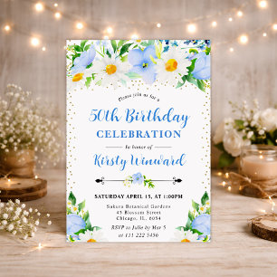 Watercolor Blue Flowers and Daisies 50th birthday Invitation