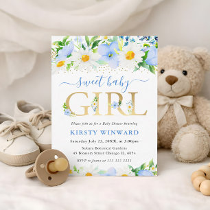 Watercolor Blue Flowers and Daisies Baby Shower Invitation