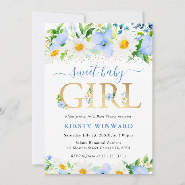 Watercolor Blue Flowers and Daisies Baby Shower Invitation (Front)