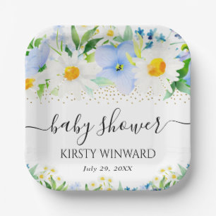 Watercolor Blue Flowers and Daisies Baby Shower Paper Plate