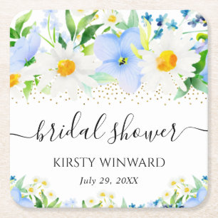 Watercolor Blue Flowers and Daisies Bridal Shower Square Paper Coaster