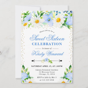 Watercolor Blue Flowers and Daisies Sweet 16 Invitation