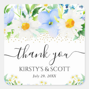 Watercolor Blue Flowers and Daisies Wedding Square Sticker
