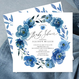 Watercolor Blue Flowers Baby Shower Invitation