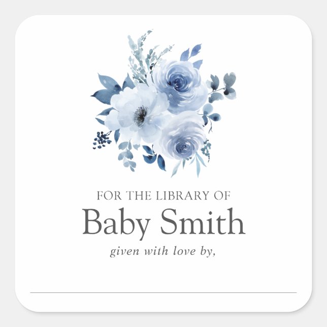 Watercolor Blue Flowers Baby Shower Library Square Sticker (Front)