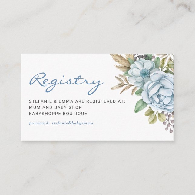 Watercolor Blue Flowers Baby Shower Registry Enclosure Card (Front)
