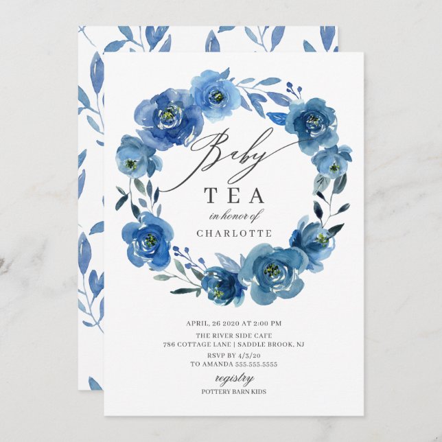 Watercolor Blue Flowers Baby Shower Tea Invitation (Front/Back)