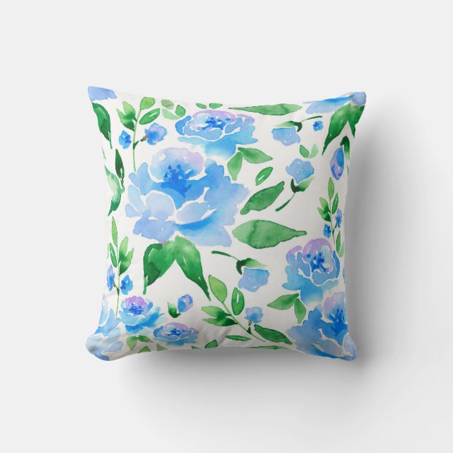 Watercolor blue flowers cushion (Front)