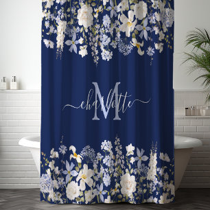 Watercolor Blue Flowers Elegant Floral Monogram Shower Curtain