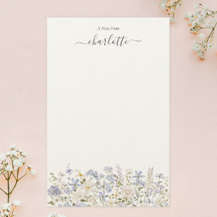 Watercolor Blue Flowers Elegant Monogram Floral Stationery