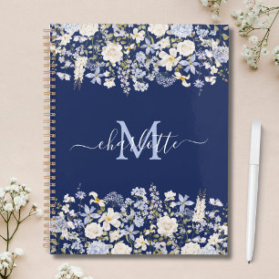 Watercolor Blue Flowers Elegant Script Monogrammed Planner