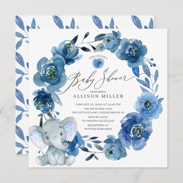 Watercolor Blue Flowers Elephant Baby Shower Invitation (Front/Back)