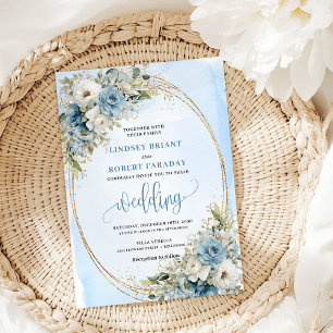 Watercolor Blue Flowers Eucalyptus Gold Wedding  Invitation