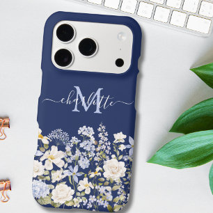 Watercolor Blue Flowers Floral Elegant Monogram