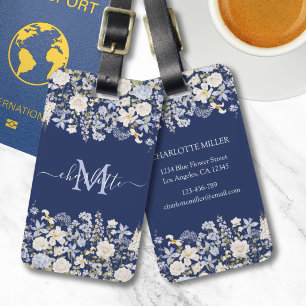 Watercolor Blue Flowers Floral Elegant Monogram Luggage Tag