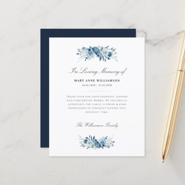 watercolor blue flowers funeral thank you card (Front/Back In Situ)