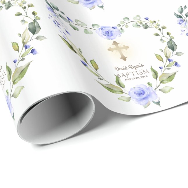 Watercolor Blue Flowers Gold Cross Boy Baptism Wrapping Paper (Roll Corner)