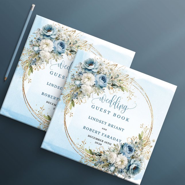 Watercolor Blue Flowers Gold Wedding Sign In Guest Book (Watercolor Blue Flowers Gold Wedding Sign In)