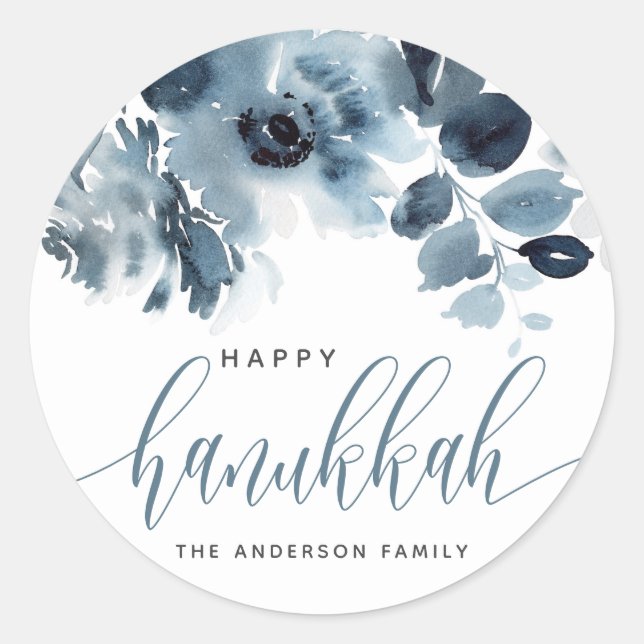 Watercolor Blue Flowers Happy Hanukkah Calligraphy Classic Round Sticker (Front)